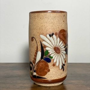 Vintage Tonala Mexican Pottery Cup Vase Hand Painted 6" Blue Brown